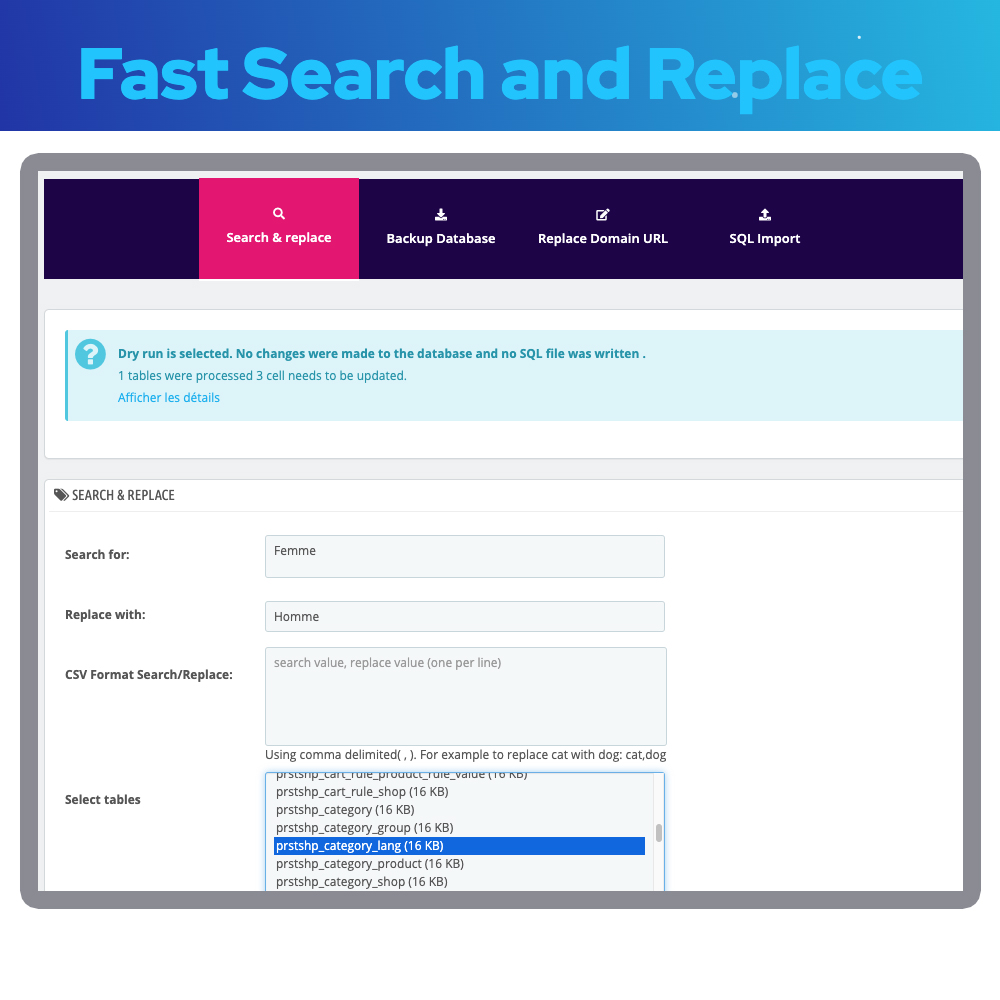 Search and Replace Database Prestashop Module