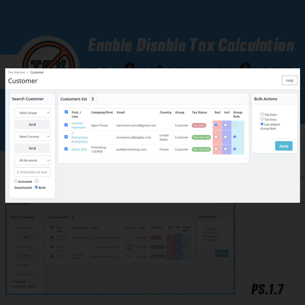 Tax Calculator per Customer or Group or Country Prestashop