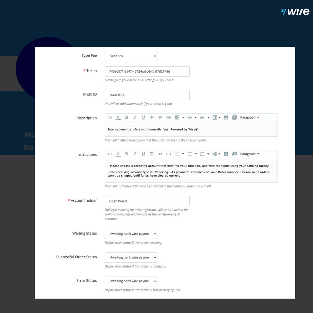 Payment gateway for Wise Prestashop